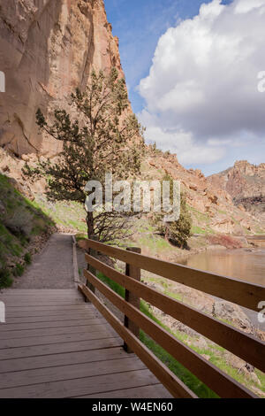 A landscape from Smith Rock State Park in central Oregon, a rock climbing paradise, on a sunny day. Stock Photo