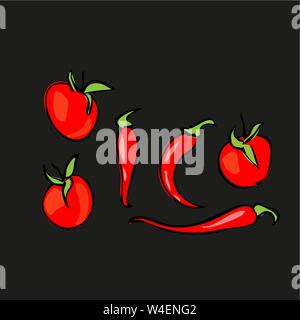 Still life. Ripe tomatoes, cherry tomatoes and hot peppers. Vector illustration Stock Vector