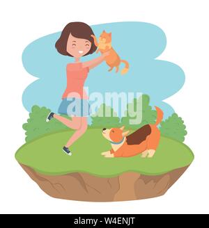 young woman with cute little dog and cat mascots in the field vector illustration Stock Vector