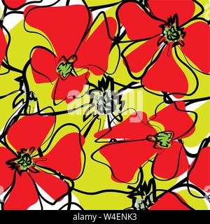 Red Poppies Seamless Pattern. Summer Flowers in Linear Engraving Style. Vector Floral Repeating Pattern for Cover Stock Vector