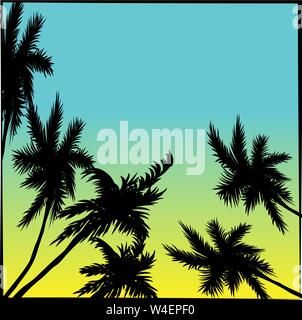 Tropical coconut palm tree silhouettes illustration over a blue sky sky in vector format Stock Vector