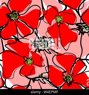 Colorful hand drawn poppies, flowers seamless pattern Stock Vector