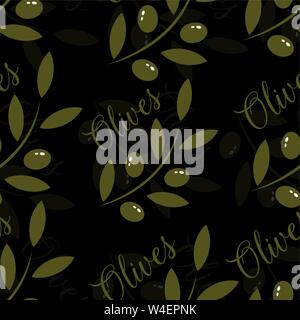 Branch of black olives in abstract style on black background Stock Vector
