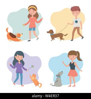 young people with cute little dogs and cats mascots vector illustration design Stock Vector