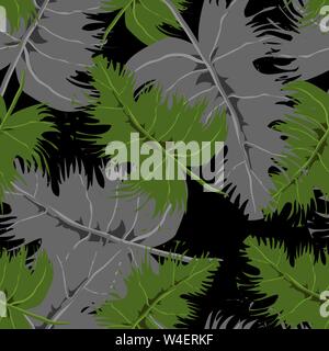 Trendy pattern with tropical leaves seamless on dark background. Jungle vector illustration Stock Vector
