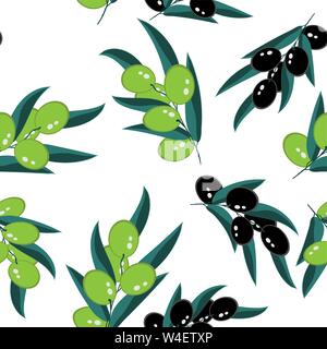 Illustration with branch green and black olives seamless on white background Stock Vector