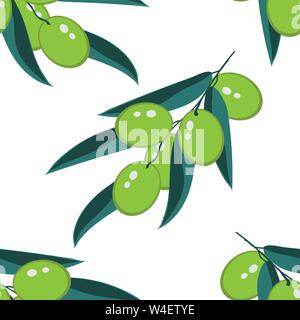 Illustration with branch green olives seamless on white background Stock Vector