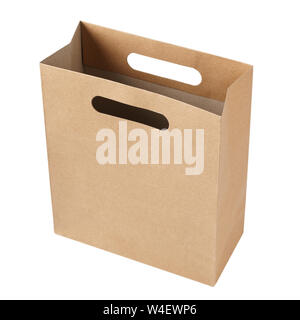 Kraft paper bag isolated on white background. Recyclable eco-friendly packaging. Stock Photo