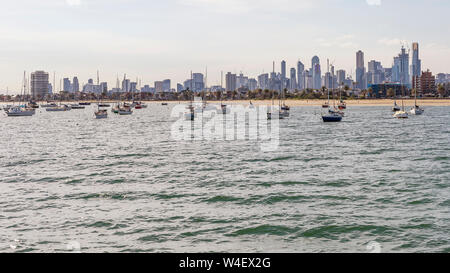 The city center and the skyline of Melbourne, Australia, seen from St Kilda Pier on a sunny day Stock Photo