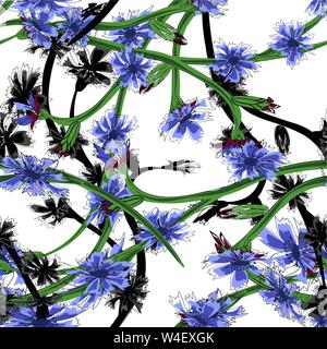 Art illustration with blue cornflower seamless. Spring floral background Stock Vector