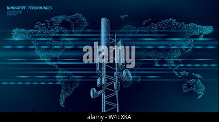 3d base station receiver. telecommunication tower 4g polygonal design global connection information transmitter. Mobile radio antenna cellular vector Stock Vector