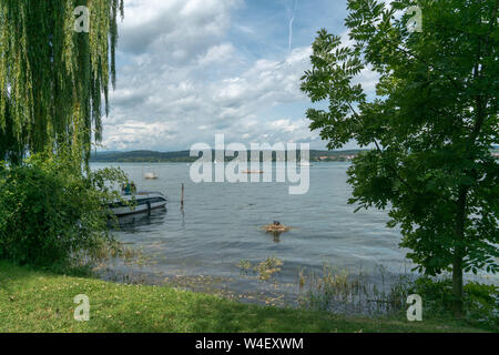 Reichenau-Oberzell, BW / Germany - 21 July 2019: horizontal teenage female friends rowing on Lake Constance on a beautiful summer day Stock Photo