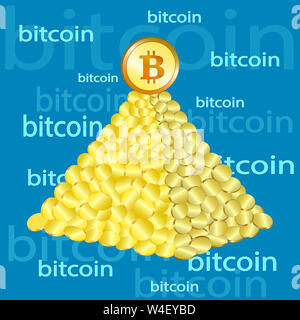 The Bitcoin Symbol. Pyramid of gold coins . Blue . The Inscription Bitcoin . The concept of cryptocurrency. .Illustration Stock Photo