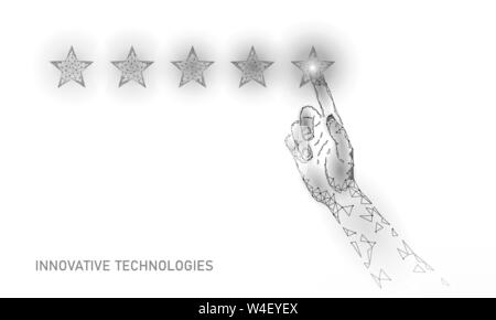 Low poly five 5 stars rating product concept. Positive feedback client quality satisfaction good choice. Polygonal top service happy user experience Stock Vector