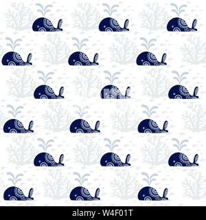 Seamless pattern with cute cartoon whales. Cute marine pattern for baby clothes, fabric, textile, wrapping paper. Cartoon animals vector illustration Stock Vector