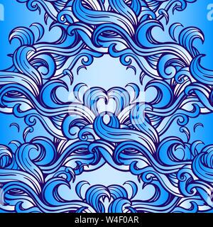 Ocean waves seamless pattern. Marine background. Hand drawn doodle style. Vector illustration Stock Vector