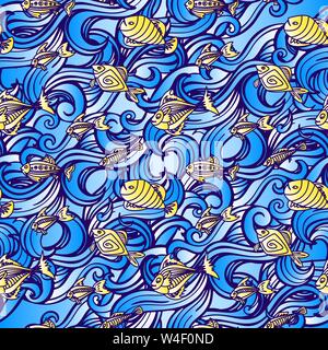 Seamless pattern with waves and tropical fishes. Marine background. Hand drawn doodle style. Vector illustration Stock Vector