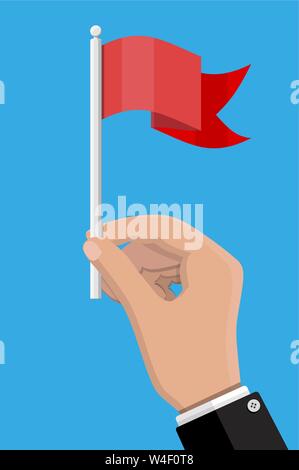 Red flag on metal flagpole in hand Stock Vector
