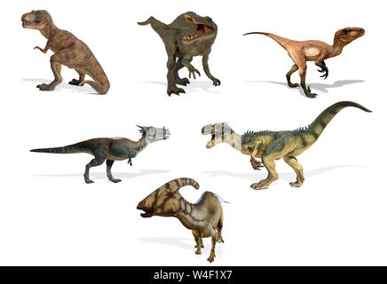 Different kind of dinosaurs isolated on white background. carnivorous and herbivorous dinosaurs Stock Photo