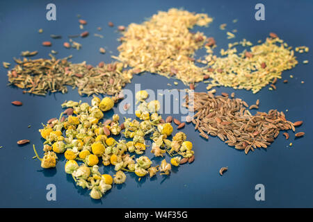 Various herbal tea ingredients on a blue plate. Close up and selective focus. Stock Photo