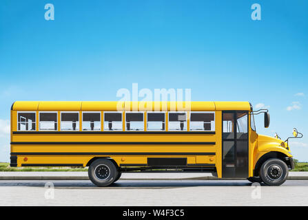 School bus parked on the road, concept of going back to school, beautiful sunny day, 3d rendering Stock Photo