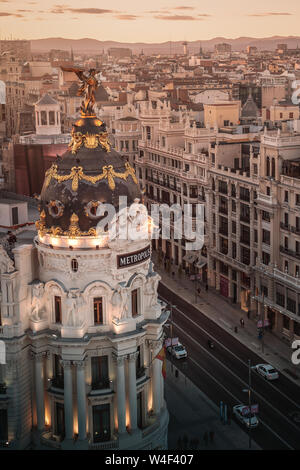 Aerial view of Gran Via Street and Metropolis Hotel Building - Madrid, Spain Stock Photo