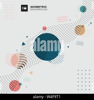 Abstract memphis geometric circles, triangles, wavy lines with black dots wavy pattern on gray background. Big data and technology style. Vector illus Stock Vector