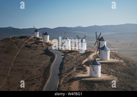 Aerial view of Consuegra windmills of La Mancha, famous for Don Quixote stories - Toledo, Castila La Macha, Spain Stock Photo