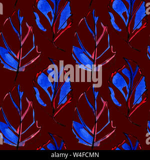 Seamless pattern with watercolor autumn leaves. Hand-painted with black, blue and red ink with drops in the background. Isolated objects on a brown ba Stock Photo