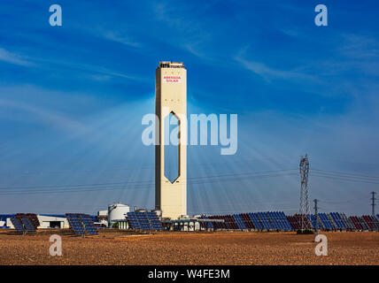 Solar power tower of the PS10 Solar Power Plant near Seville, Seville Province, Andalusia, southern Spain. Stock Photo