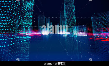 Digital binary code on landscape, glowing neon style, binary data ...