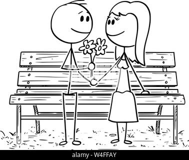 cartoon stick drawing conceptual illustration of romantic couple sitting on park bench or seat man is giving flowers to woman w4ffay