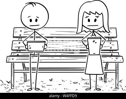 Vector cartoon stick figure drawing conceptual illustration of couple of man and woman sitting on park bench, both using social media on mobile phone and ignoring each other. Stock Vector