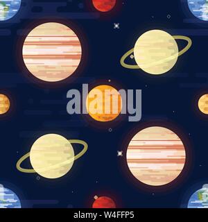 Space print. Seamless vector pattern. Different colored planets of the Solar system and stars. Stock Vector