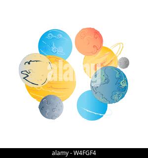Colorful bright solar system planets, vector illustration, modern sketch style. Stock Vector