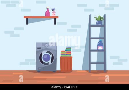 laundry space stairs washing machine detergent cleaning products and supplies vector illustration Stock Vector