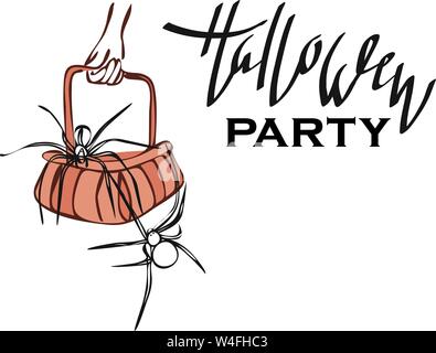 Vector illustration of a hand holding the wicker halloween basket with spiders and the hand drawn halloween party sign. Stock Vector