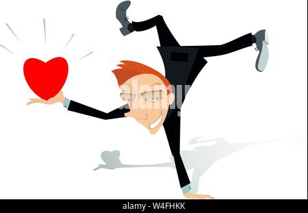 Smiling man holds a heart symbol in the hand illustration. Smiling man holding a heart symbol stands on one hand head over heels isolated on white ill Stock Vector