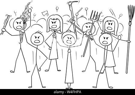 Vector cartoon stick figure drawing conceptual illustration of angry mob characters with torch and tools like pitchfork as weapons. Stock Vector