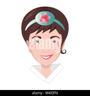 Asian girl's head in flat style. The young woman has a headband on her head with the image of a national flower mugunhwa. Stock Vector