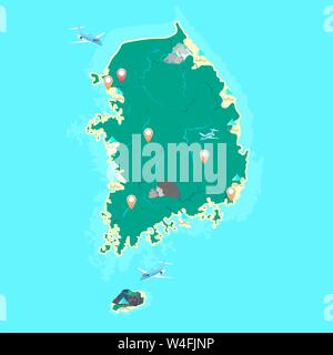 South Korea vector map with the designation of the largest mountains, islands, volcano, beaches, cities and rivers. Vector. Stock Vector