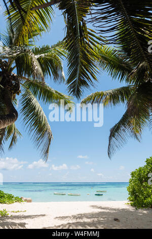 Ocean view with coconut palms and boats. White sand beach. Two huge palm trees on edges of frame. Stock Photo