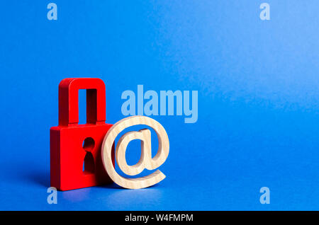 Email symbol and red padlock. Protection against Internet threats and hacker attacks. Safety of personal data, privacy of users. Safe surfing global n Stock Photo