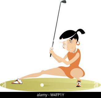 Young golfer woman on the golf course illustration. Cartoon golfer woman aiming to do a good kick isolated on white Stock Vector