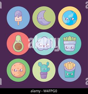ice cream in stick with set icons kawaii style vector illustration design Stock Vector