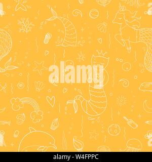 Seamless pattern with fantasy doodles of mermaid theme. Decorative background for kids girl textile with tails, cat, unicorn and other mermaid stuff. Stock Vector
