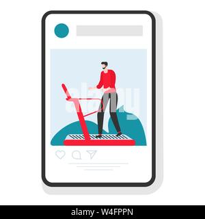 Vector illustration with man engaged on treadmill in the gym. Sports mobile application. Fitness app. Workout for wellness, activity. Healthy lifestyl Stock Vector