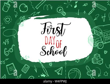 Back to school Background. Banner with texture from line art icons of education, science objects and office supplies on the green background Stock Vector