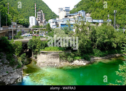 Industrial plants on outskirts of Trbovlje town. View over Sava river. Slovenija Stock Photo