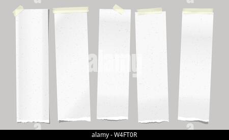 Set of torn note, notebook, blank vertical paper strips stuck with yellow sticky tape on grey background. Vector illustration Stock Vector